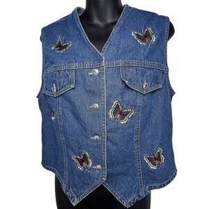 Stonebridge‎ Jean Vest Vintage Embroidered Butterflies Western Y2K Boho Cotton M